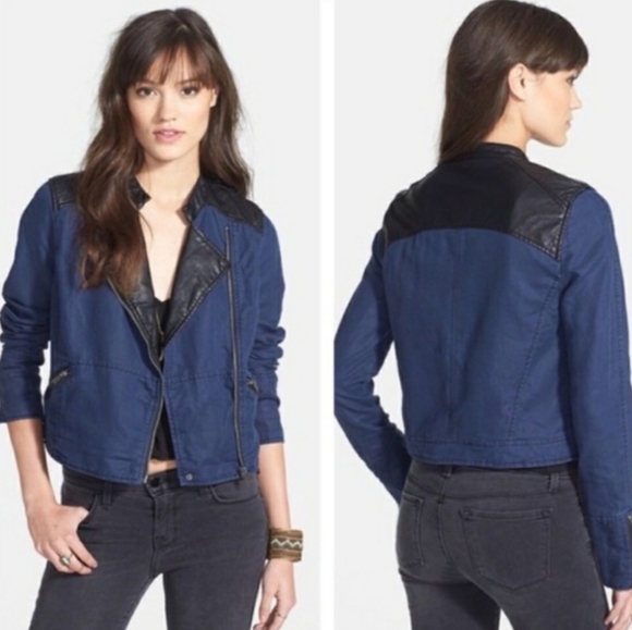 Leather Trim Blue Moto Jacket Sz 